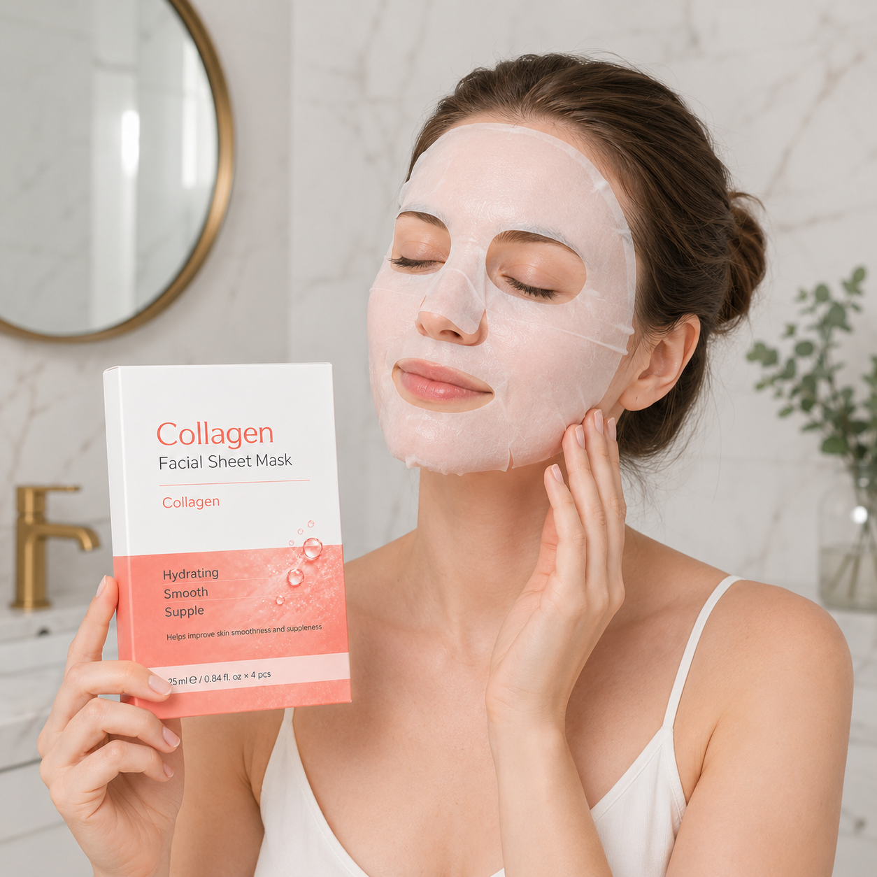 Collagen sheet mask used in a daily moisturizing skincare routine