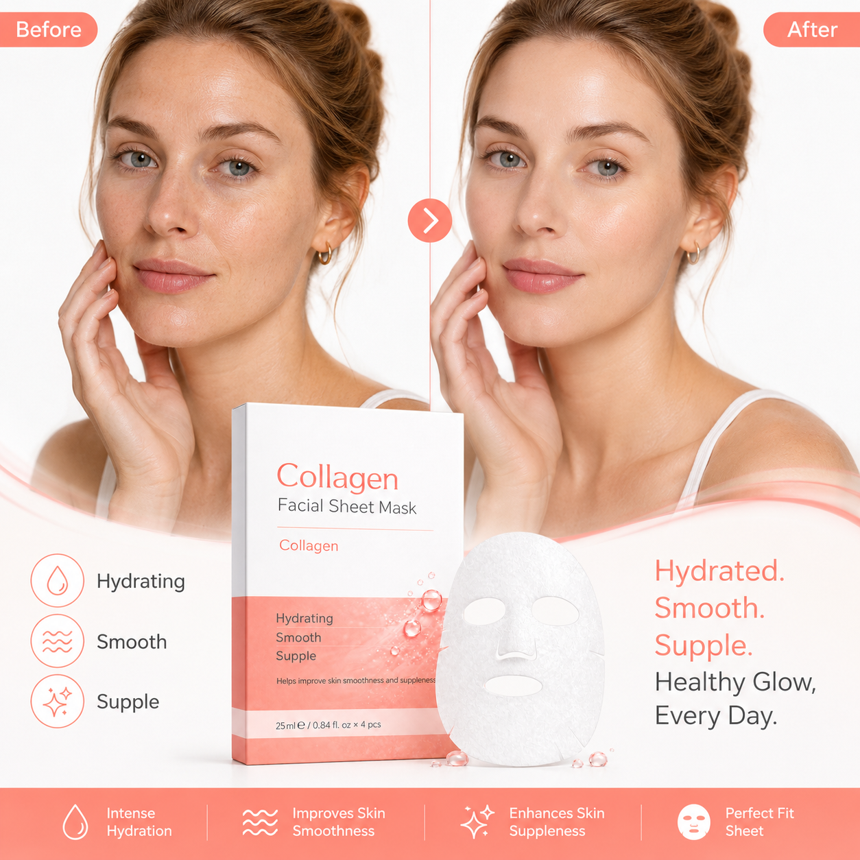 Model using collagen hydrating sheet mask for facial skincare routine