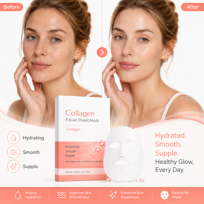 Model using collagen hydrating sheet mask for facial skincare routine