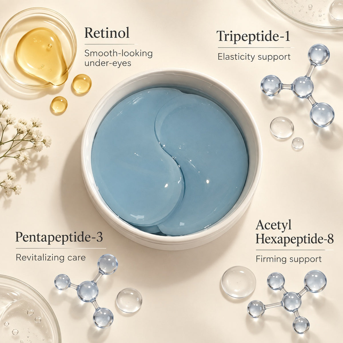 Copper Peptide Retinol Hydrogel Eye Patches with retinol, peptides and skin-conditioning ingredients