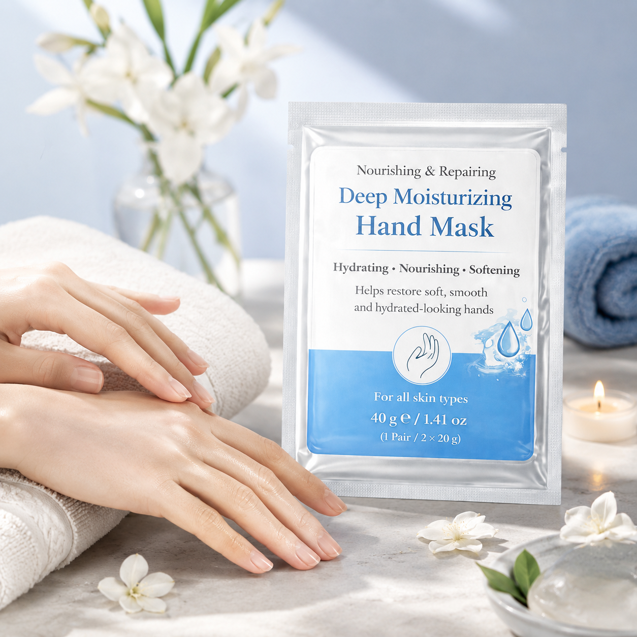 Deep Moisturizing Hand Mask used by model for soft smooth looking hands