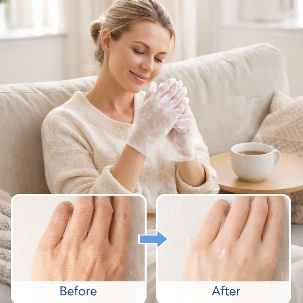 Model wearing Deep Moisturizing Hand Mask gloves in a self care routine