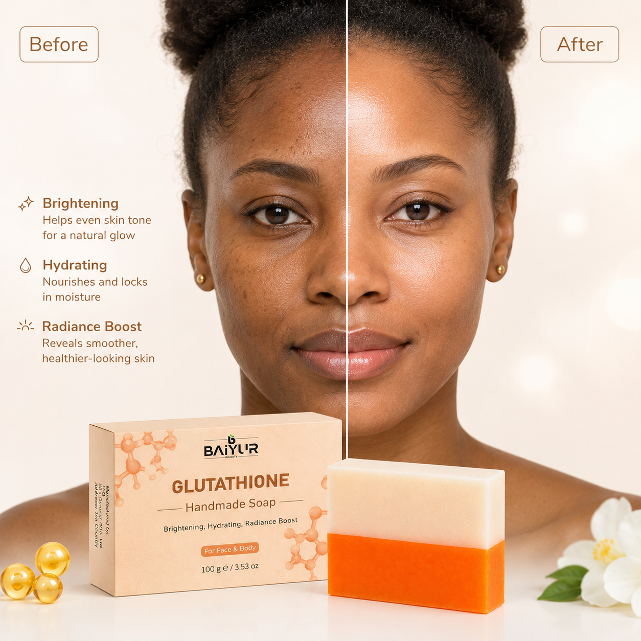 Before and after style comparison showing dull-looking to radiant-looking skin appearance