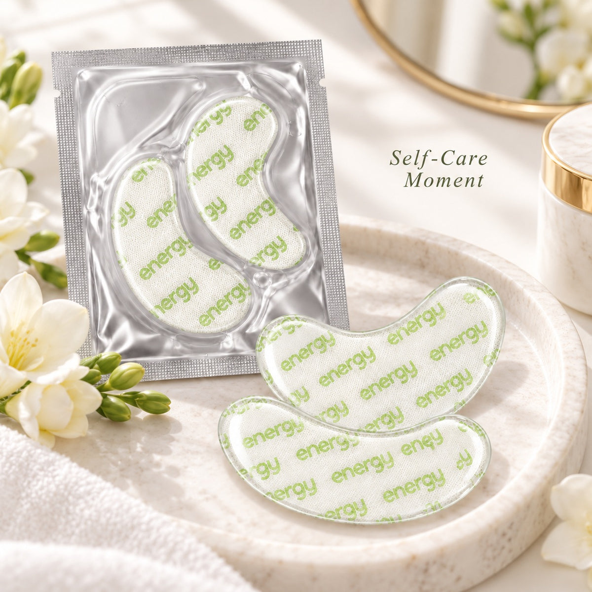Private label Energy eye patches in a premium skincare self-care setting