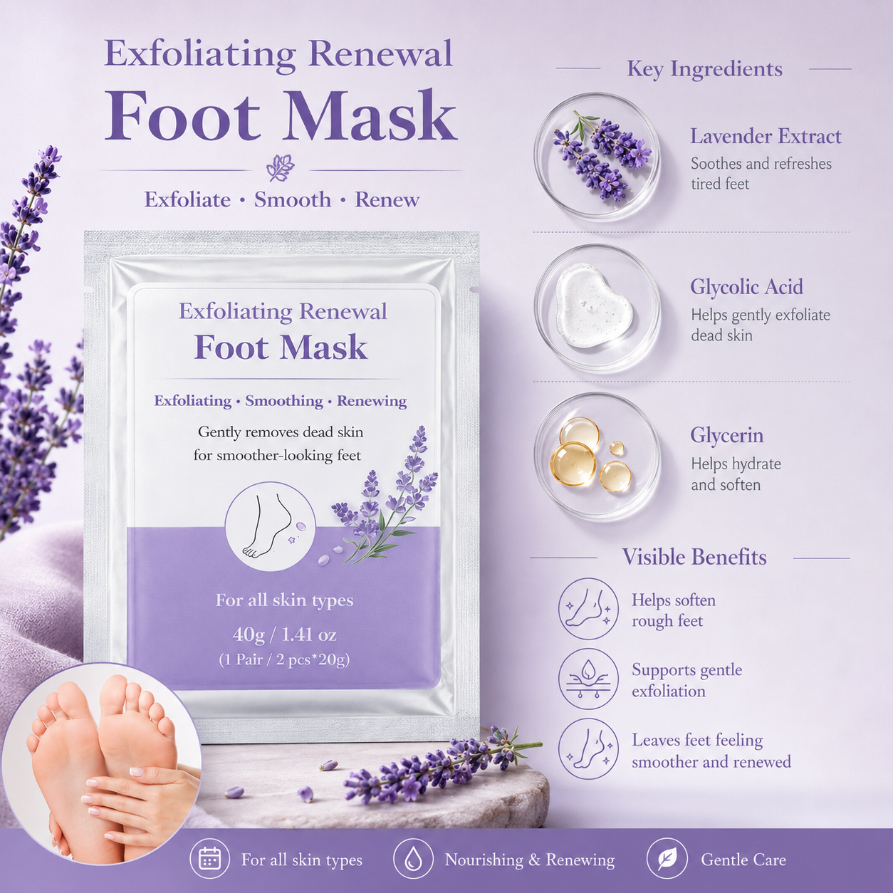 Exfoliating foot mask with lavender extract and moisturizing ingredients