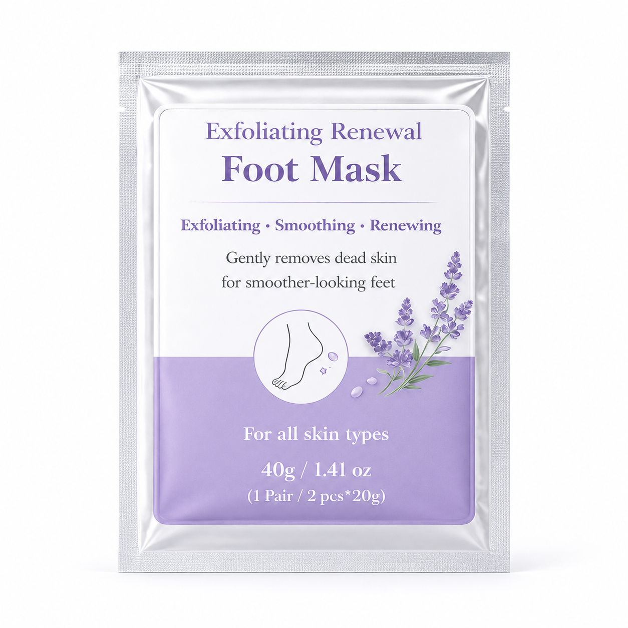 Exfoliating Renewal Foot Mask sachet on white background