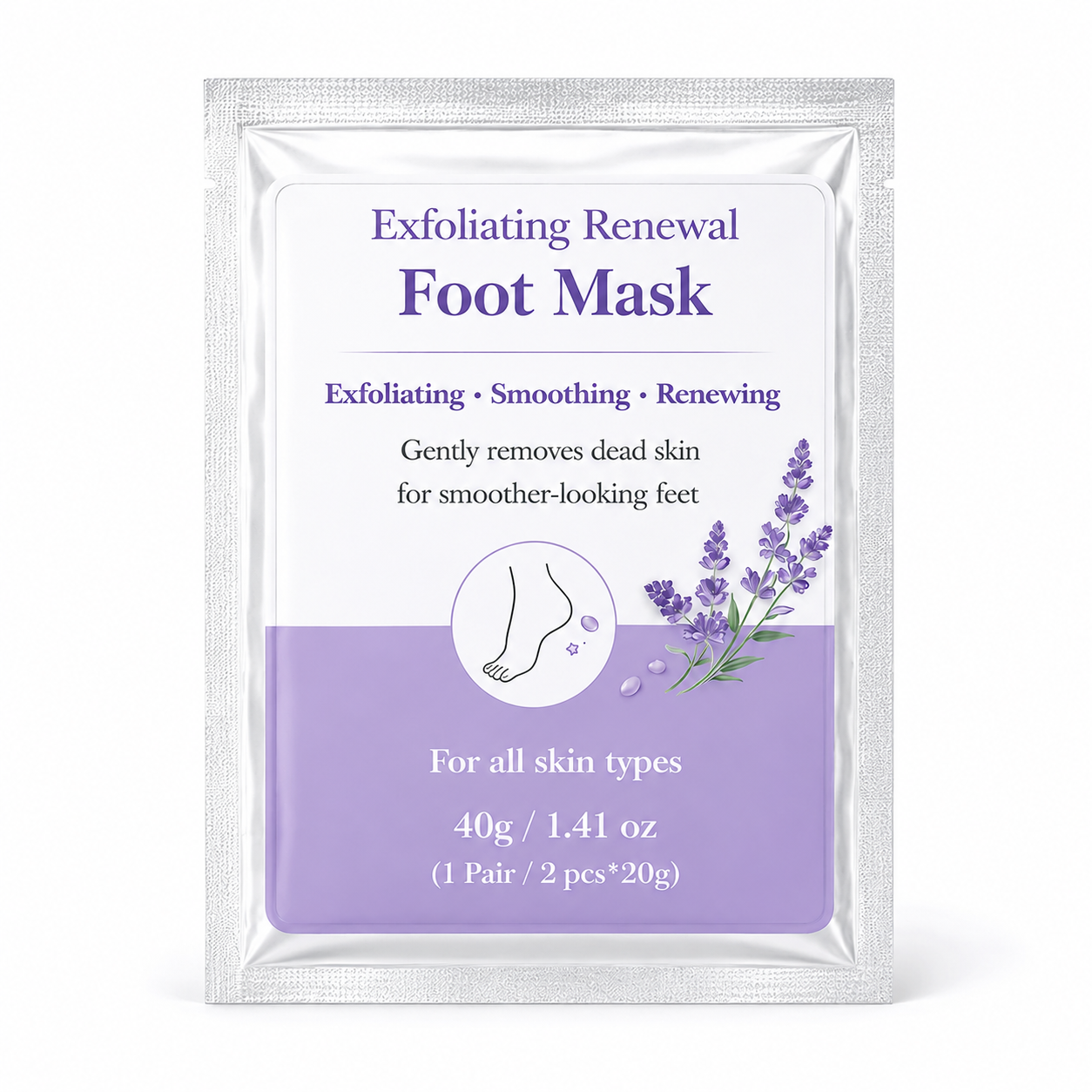 Lavender exfoliating foot mask packaging for private label skincare