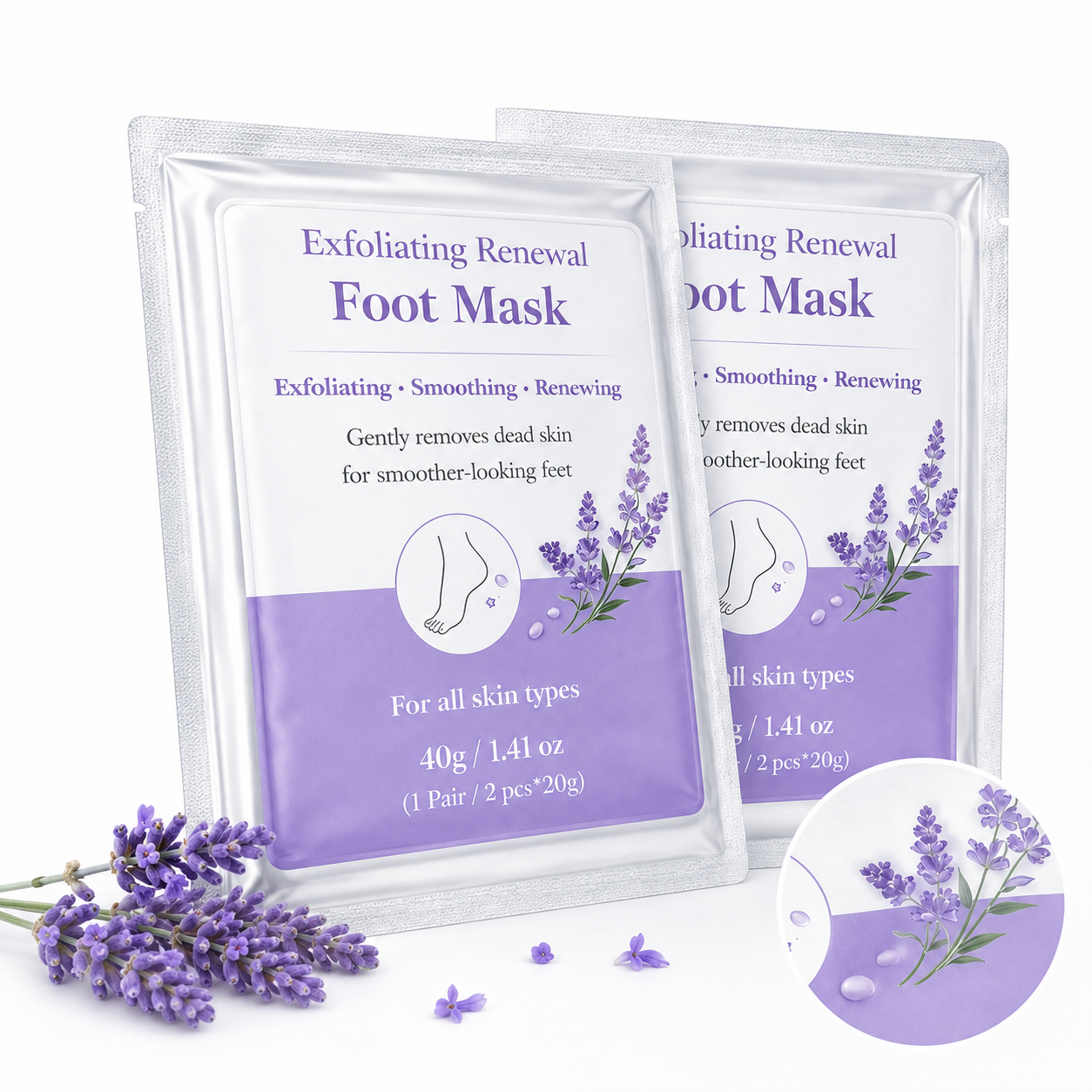 Exfoliating Renewal Foot Mask packaging display with lavender elements
