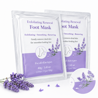 Exfoliating Renewal Foot Mask packaging display with lavender elements