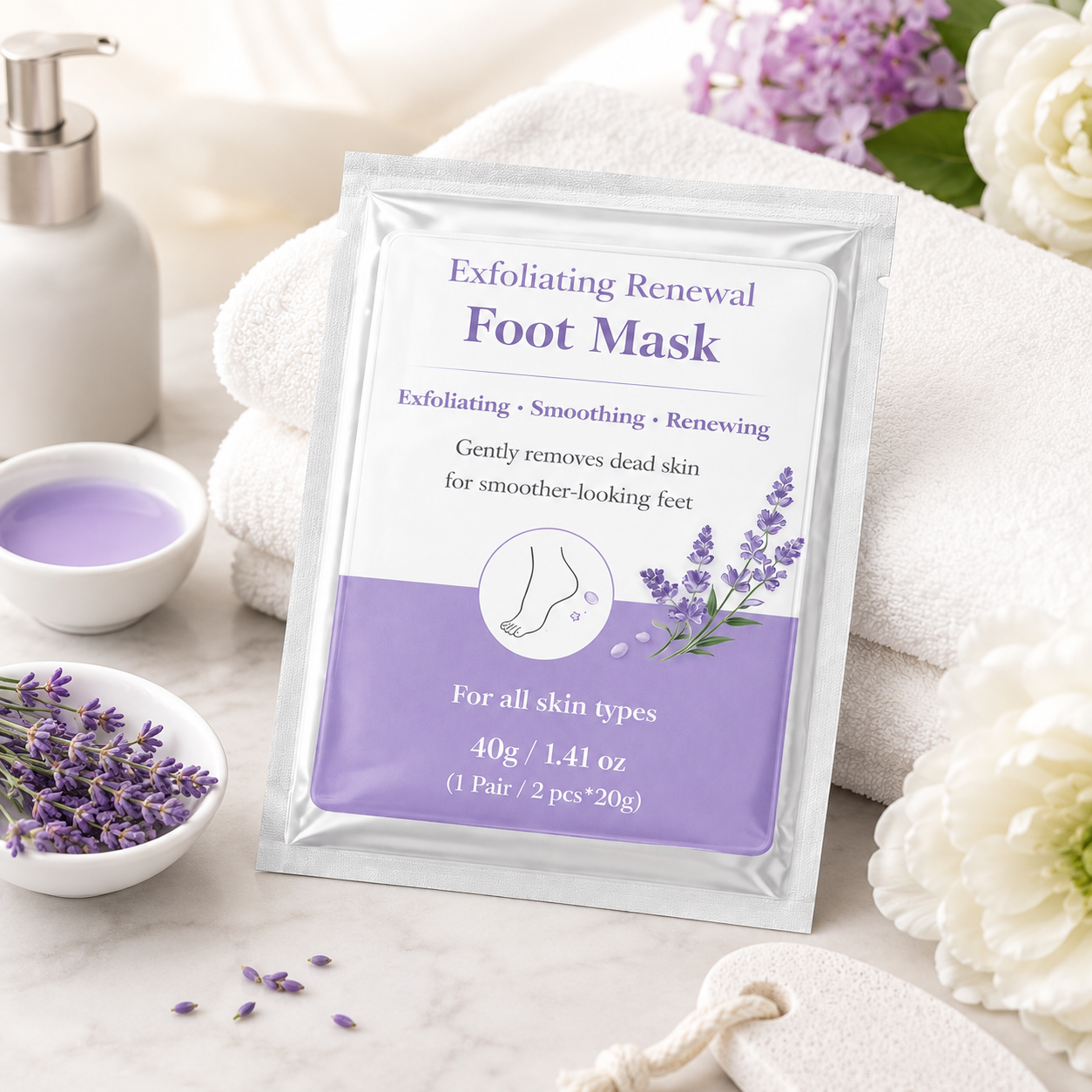 Exfoliating Renewal Foot Mask packaging display with lavender elements