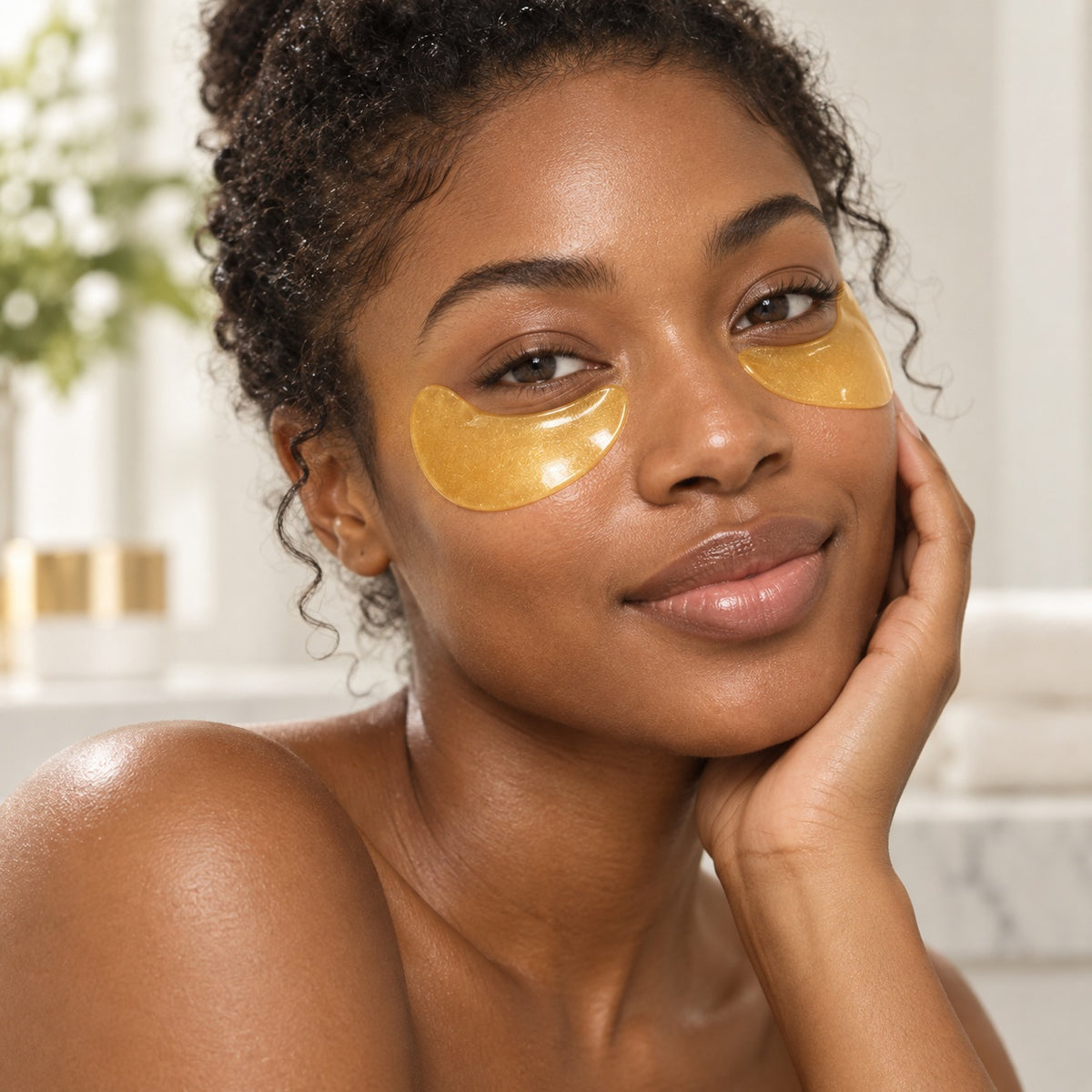 Black model wearing Gold Collagen Hydrogel Under Eye Patches for moisturizing eye care