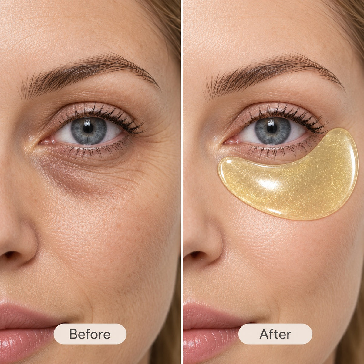 Before and after under eye appearance with gold hydrogel eye patch for brighter-looking eyes