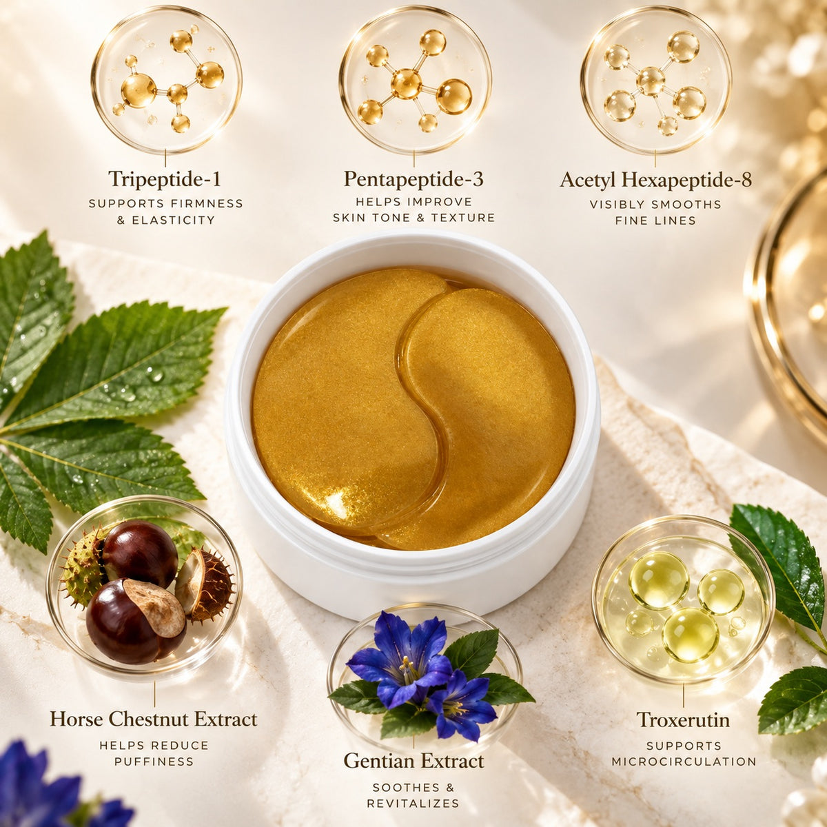 Gold Hydrogel Eye Patches featuring peptides and botanical skincare ingredients