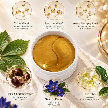 Gold Hydrogel Eye Patches featuring peptides and botanical skincare ingredients