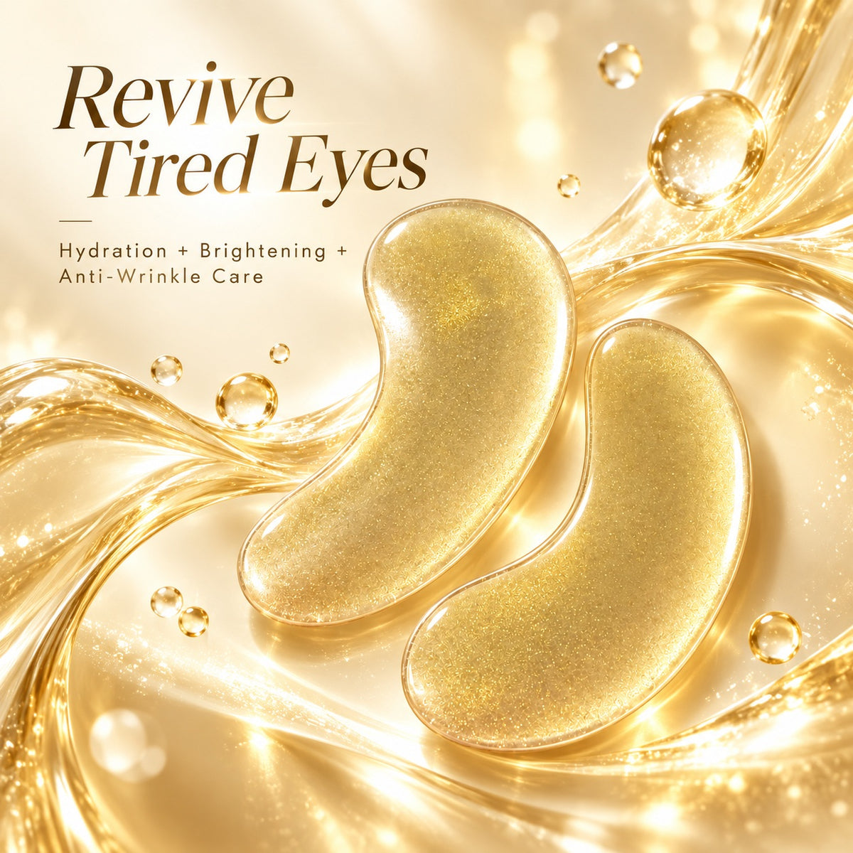 Champagne gold eye patches in luxury skincare scene for hydration, brightening and anti-wrinkle care