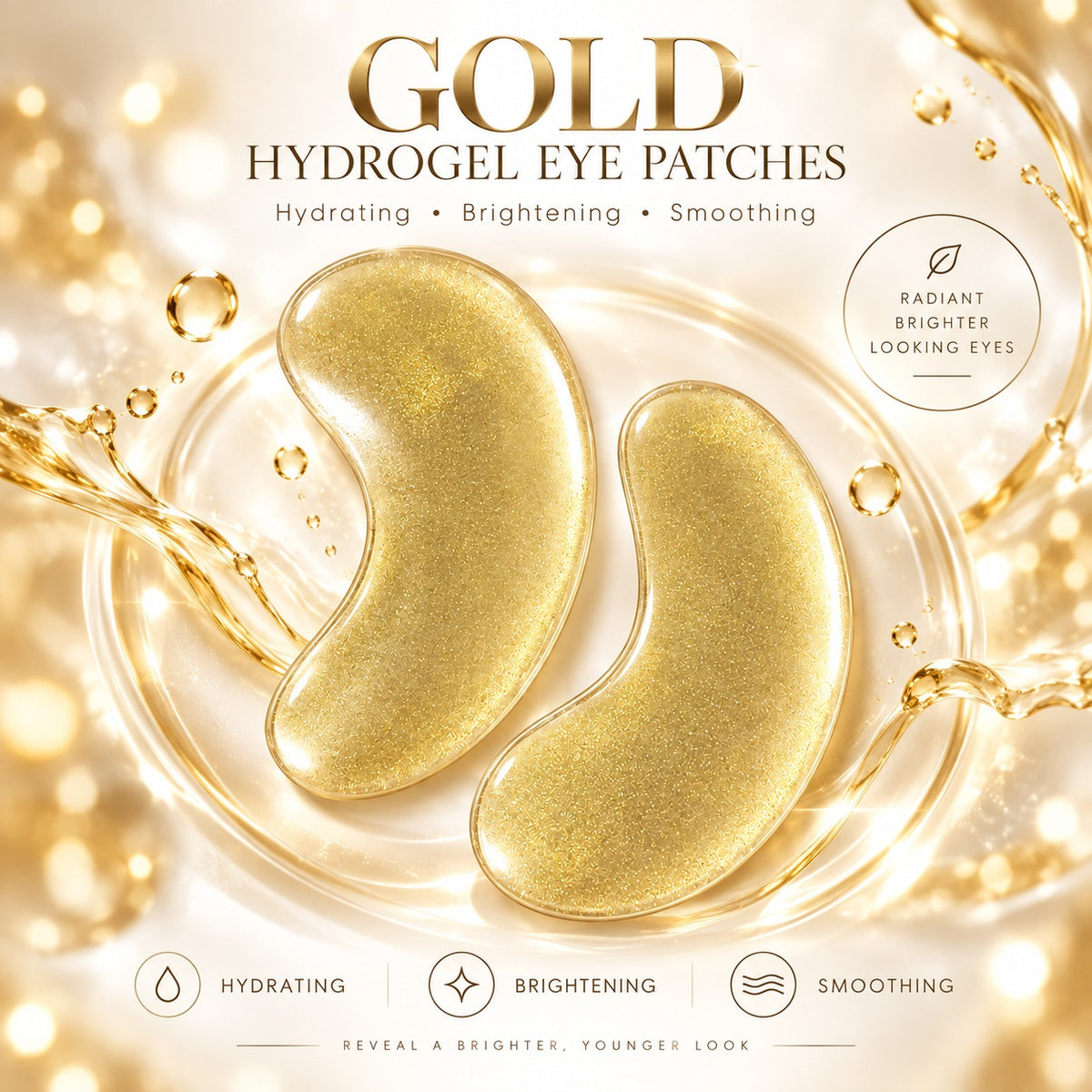 Luxury gold hydrogel eye patches with hydrating, brightening and smoothing skincare concept