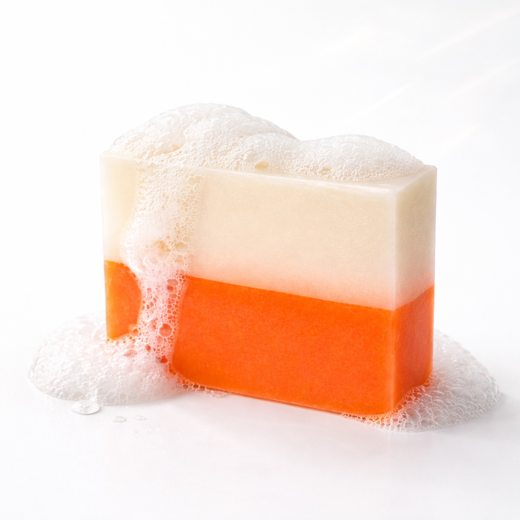 Handmade soap bar texture detail showing a smooth cleansing soap surface