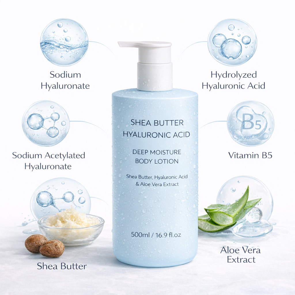 Hyaluronic acid body lotion key ingredients with panthenol aloe vera shea butter and multi-HA complex