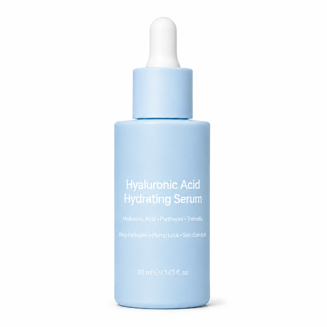 Hyaluronic acid hydrating serum in blue frosted dropper bottle