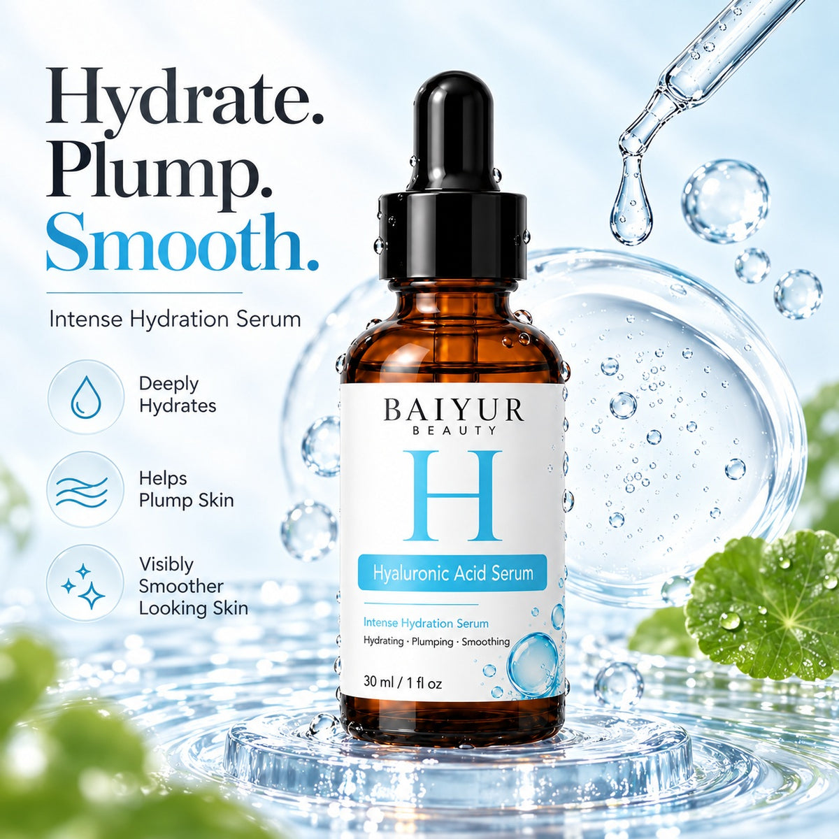 Baiyur Beauty hyaluronic acid serum displayed with water droplets and blue hydration graphics, highlighting hydrating and plumping skincare.