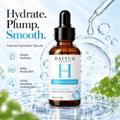 Baiyur Beauty hyaluronic acid serum displayed with water droplets and blue hydration graphics, highlighting hydrating and plumping skincare.