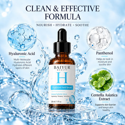 hyaluronic acid serum formula presentation featuring a 30ml dropper bottle, hydration bubbles and skincare ingredient illustrations.