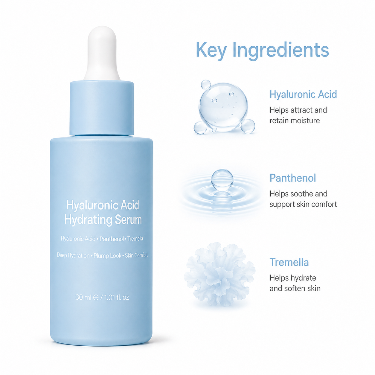 Hyaluronic acid serum key ingredients with panthenol and tremella