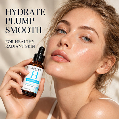 Beauty model holding Baiyur Beauty 30ml hyaluronic acid serum near her face in a hydration-focused skincare lifestyle image.