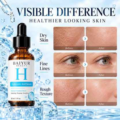 hyaluronic acid serum promotional graphic showing before-and-after skin appearance comparison panels alongside a blue-label serum bottle.