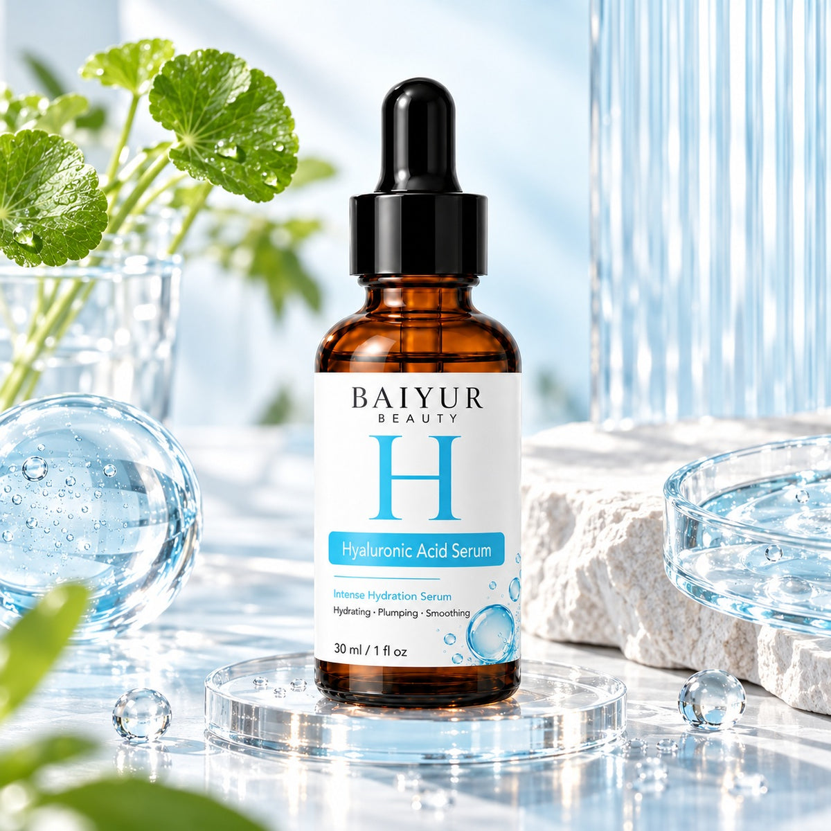 hyaluronic acid hydrating serum in an amber dropper bottle, displayed with fresh green leaves and water-inspired elements.