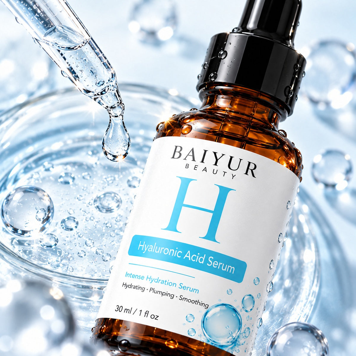 Close-up of Baiyur Beauty 30ml hyaluronic acid serum bottle tilted among clear water splashes and blue bubbles.