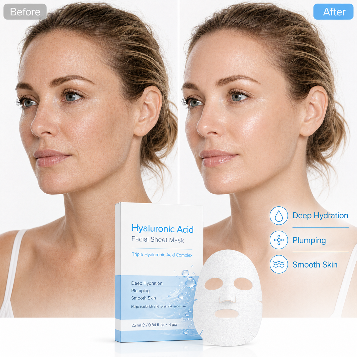 Model using hyaluronic acid hydrating sheet mask for facial care routine
