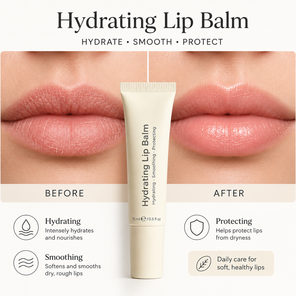 Hydrating Lip Balm before and after comparison for dry and hydrated lips