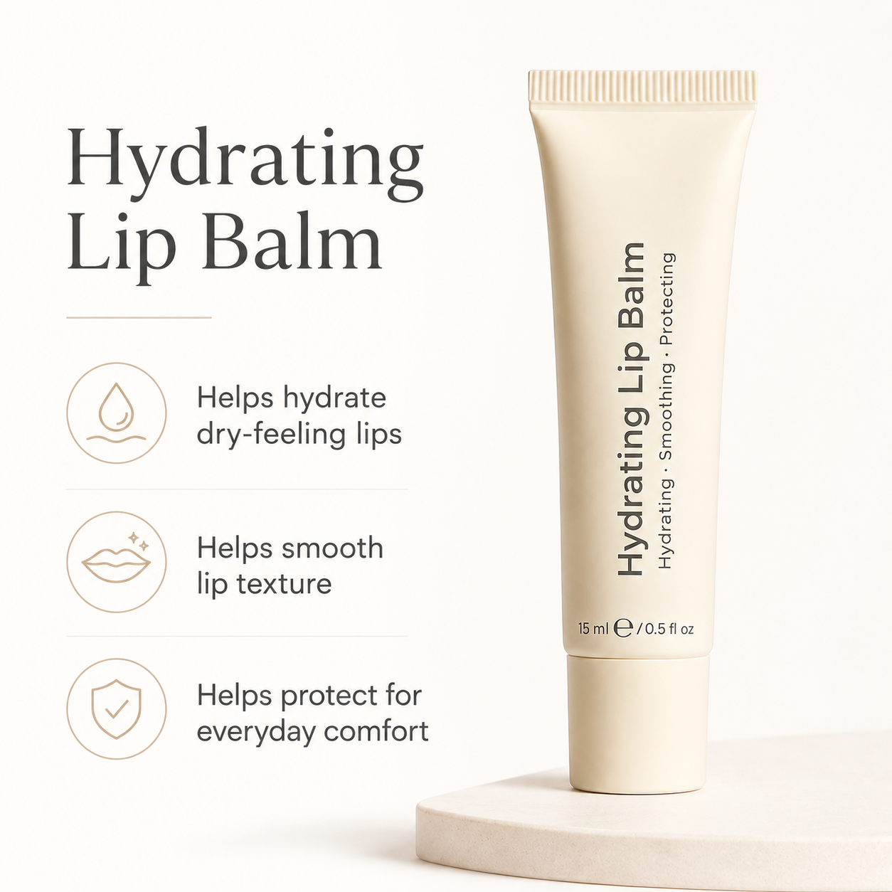 Hydrating Lip Balm benefits showing hydration, smoothing and protection for lips