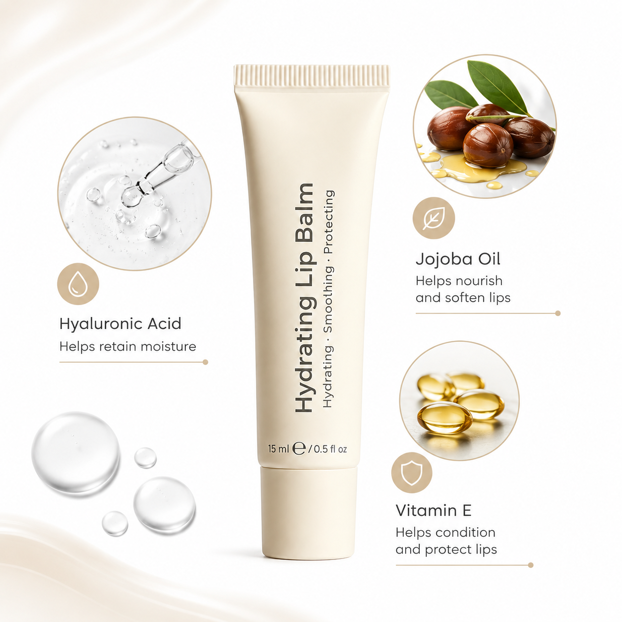 Hydrating Lip Balm ingredient display with hyaluronic acid, jojoba oil and vitamin E