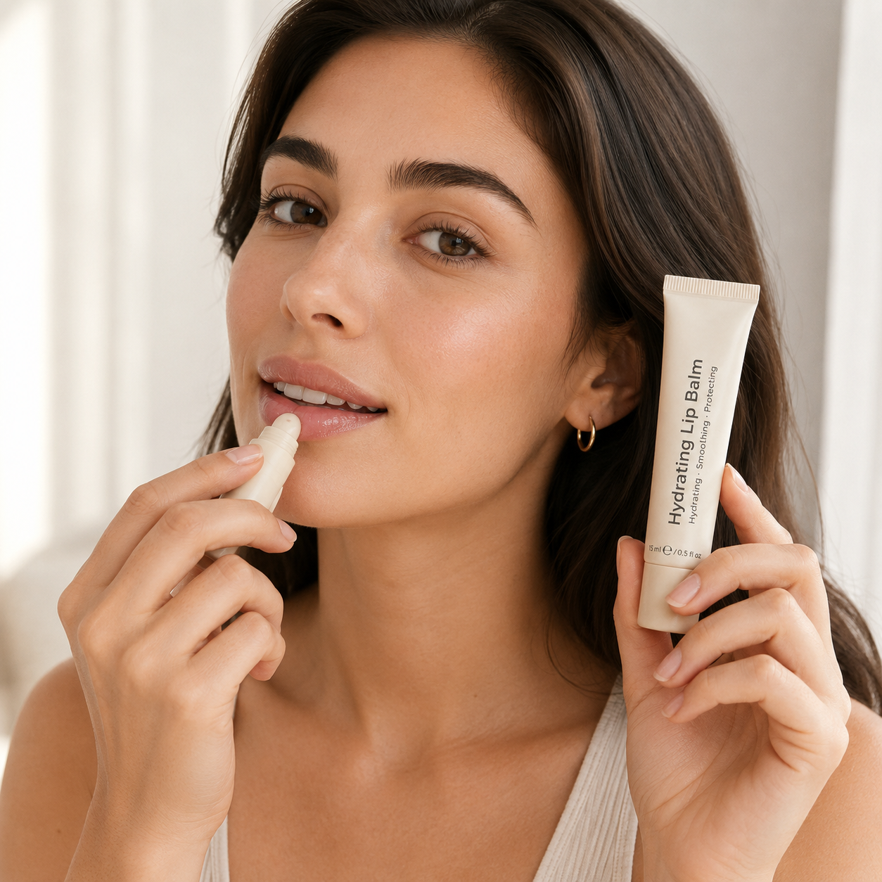 Model applying Hydrating Lip Balm for soft and moisturized lips