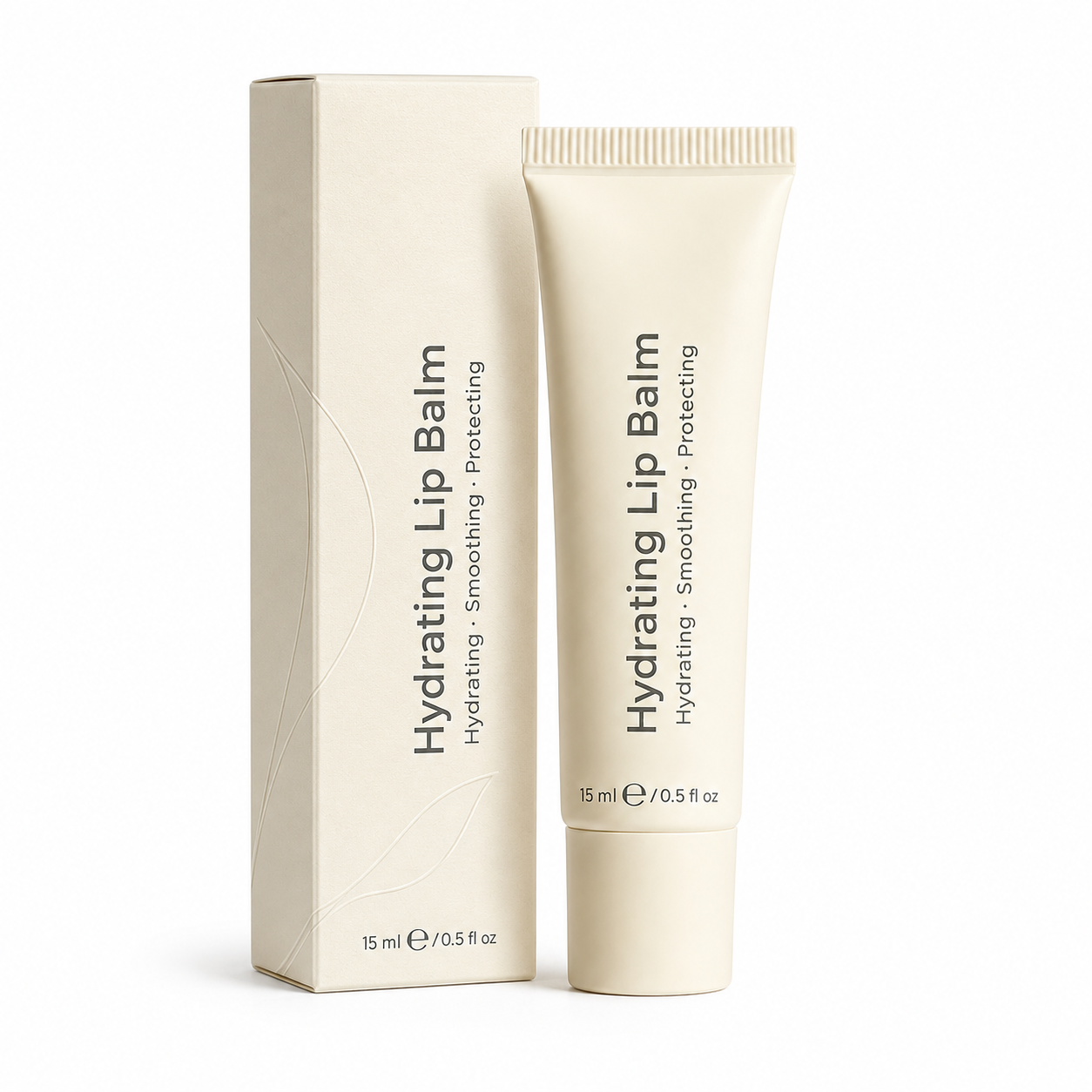 Hydrating Lip Balm tube with matching ivory paper box packaging