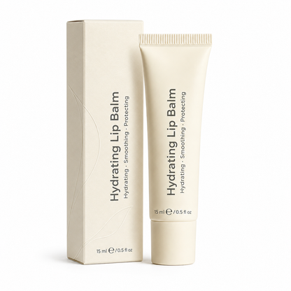 Hydrating Lip Balm tube with matching ivory paper box packaging