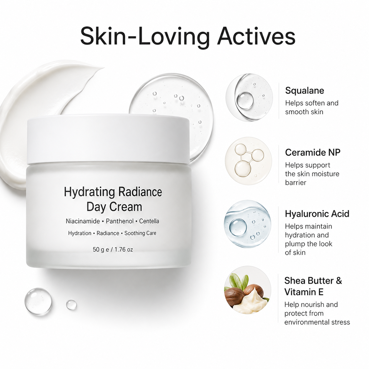 Hydrating day cream with niacinamide panthenol centella squalane ceramide NP and hyaluronic acid