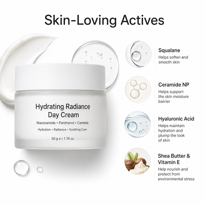 Hydrating day cream with niacinamide panthenol centella squalane ceramide NP and hyaluronic acid