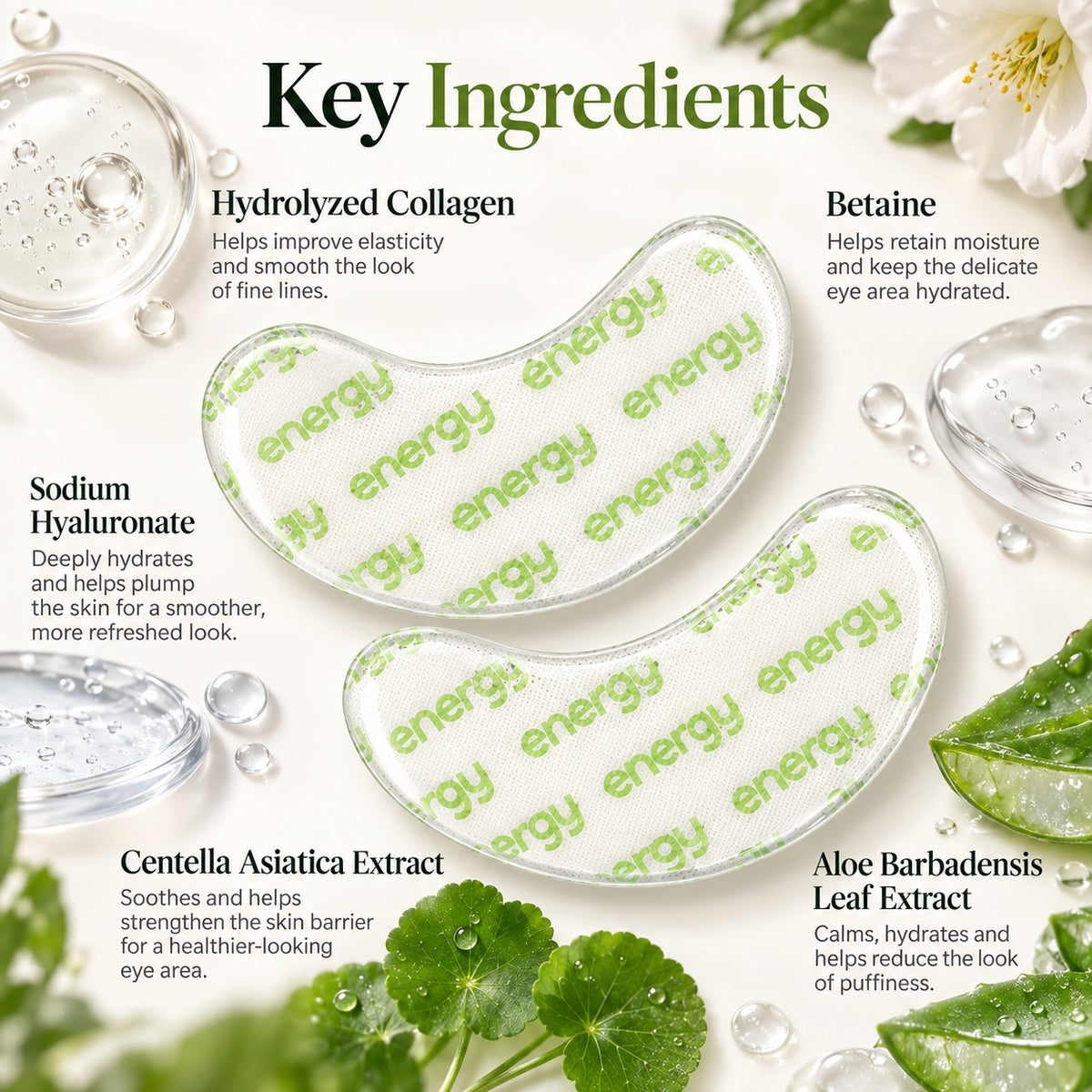 Hydrogel eye patches with collagen sodium hyaluronate centella and aloe