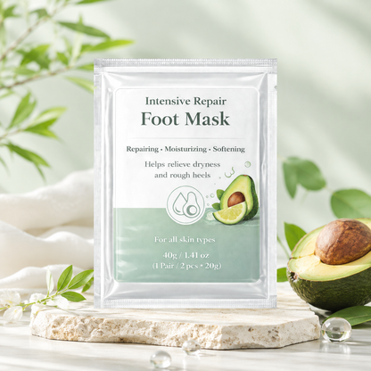 Avocado foot mask lifestyle photo with towel and spa setting