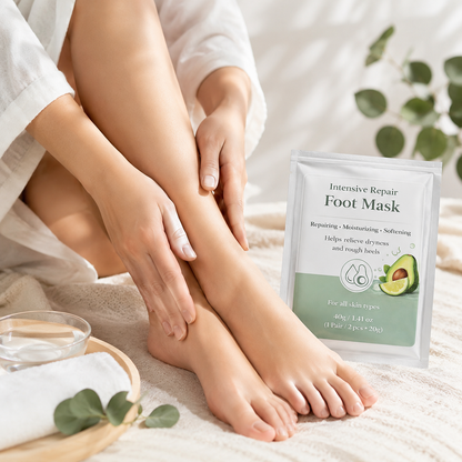 Model wearing Intensive Repair Foot Mask socks at home