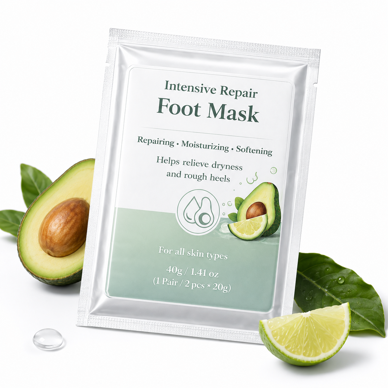 Intensive Repair Foot Mask packaging display with avocado skincare concept