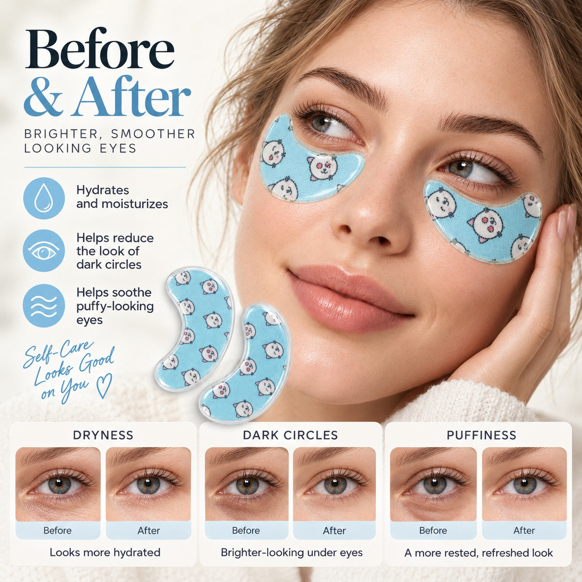 Kitty Fun printed under eye patches before and after eye area care comparison