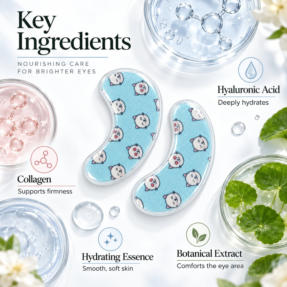 Kitty Fun printed hydrogel eye patches with key moisturizing skincare ingredients