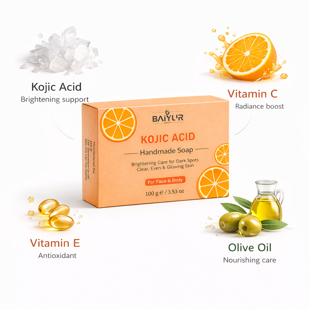 Kojic acid soap key ingredients with vitamin C olive oil and botanical extracts