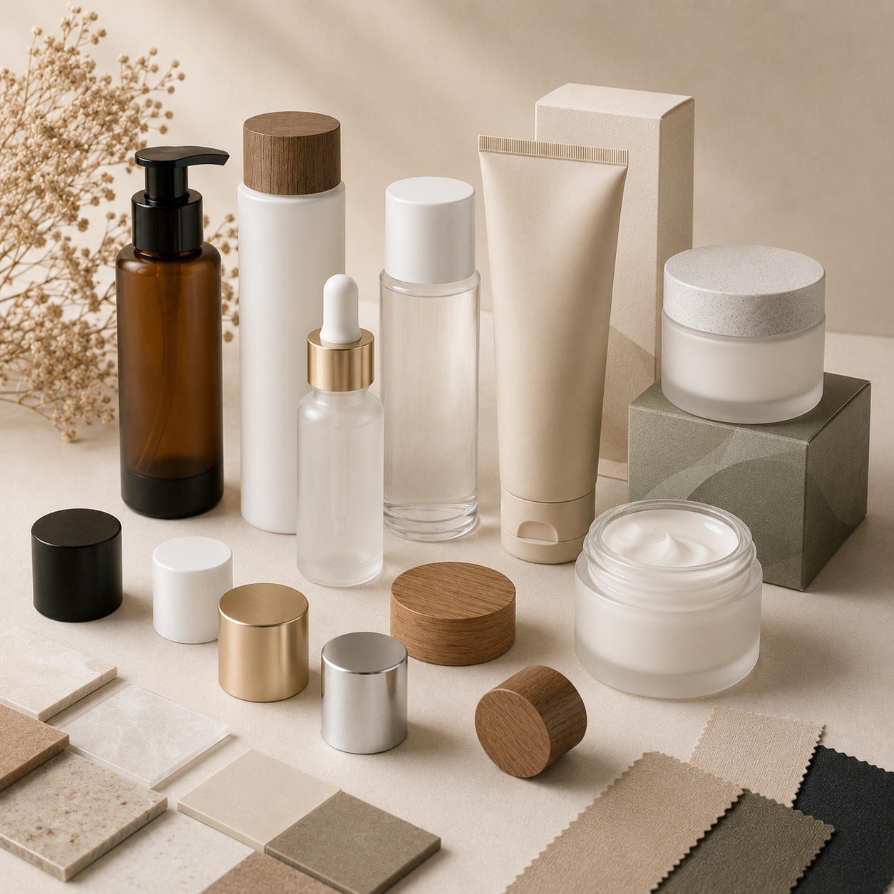 Low MOQ private label skincare packaging with bottles jars and custom cosmetic containers