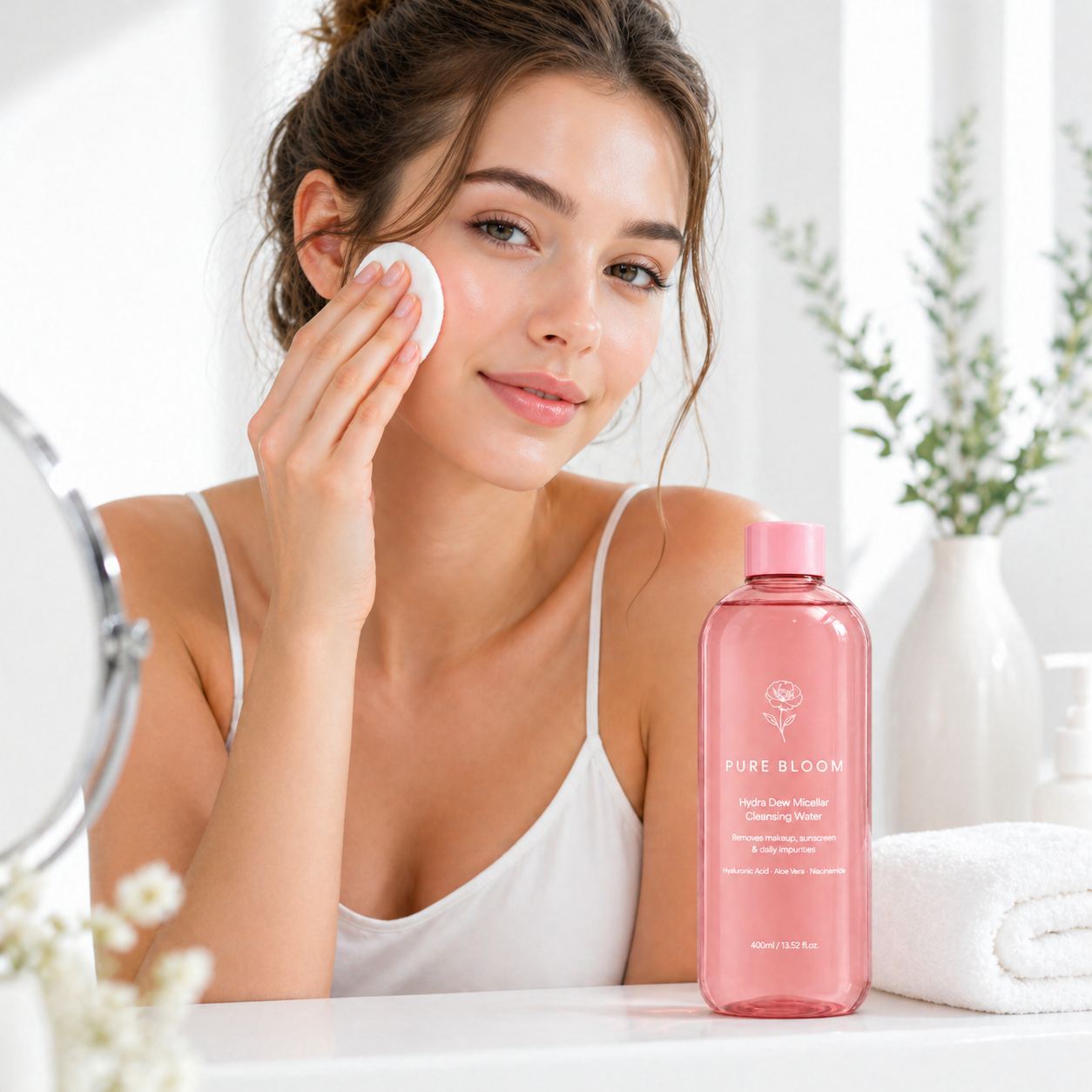 Model using micellar cleansing water with cotton pad for makeup removal