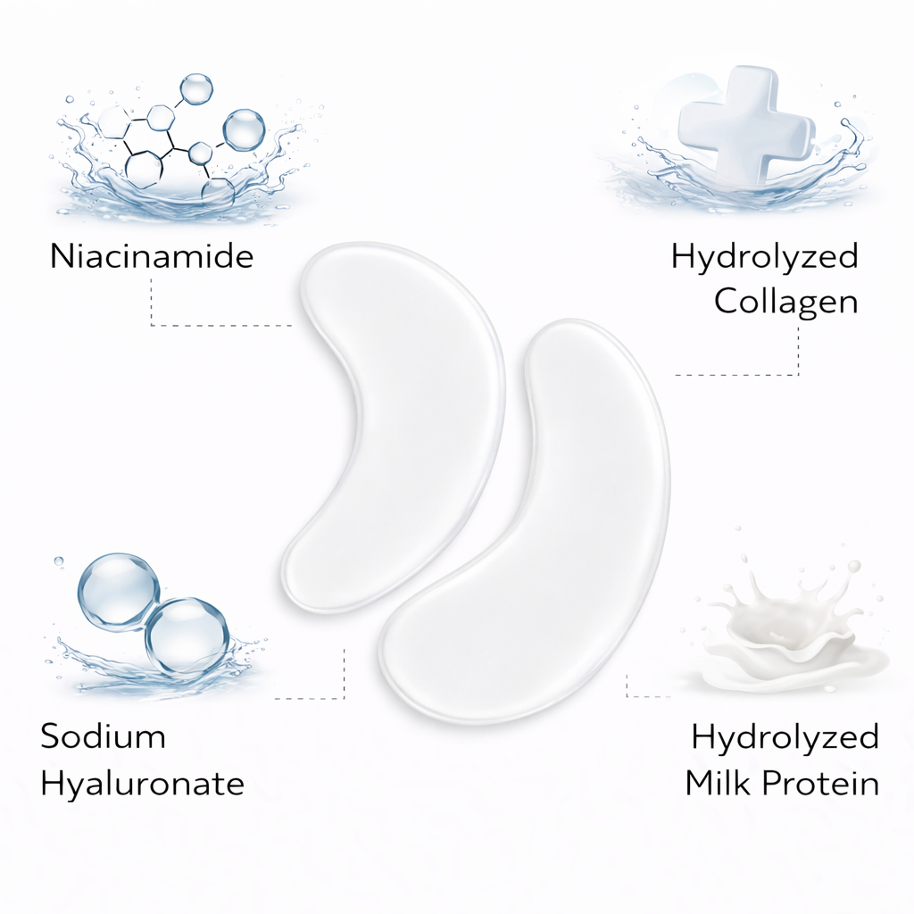 Milky white hydrogel eye mask with niacinamide hyaluronic acid collagen and milk protein